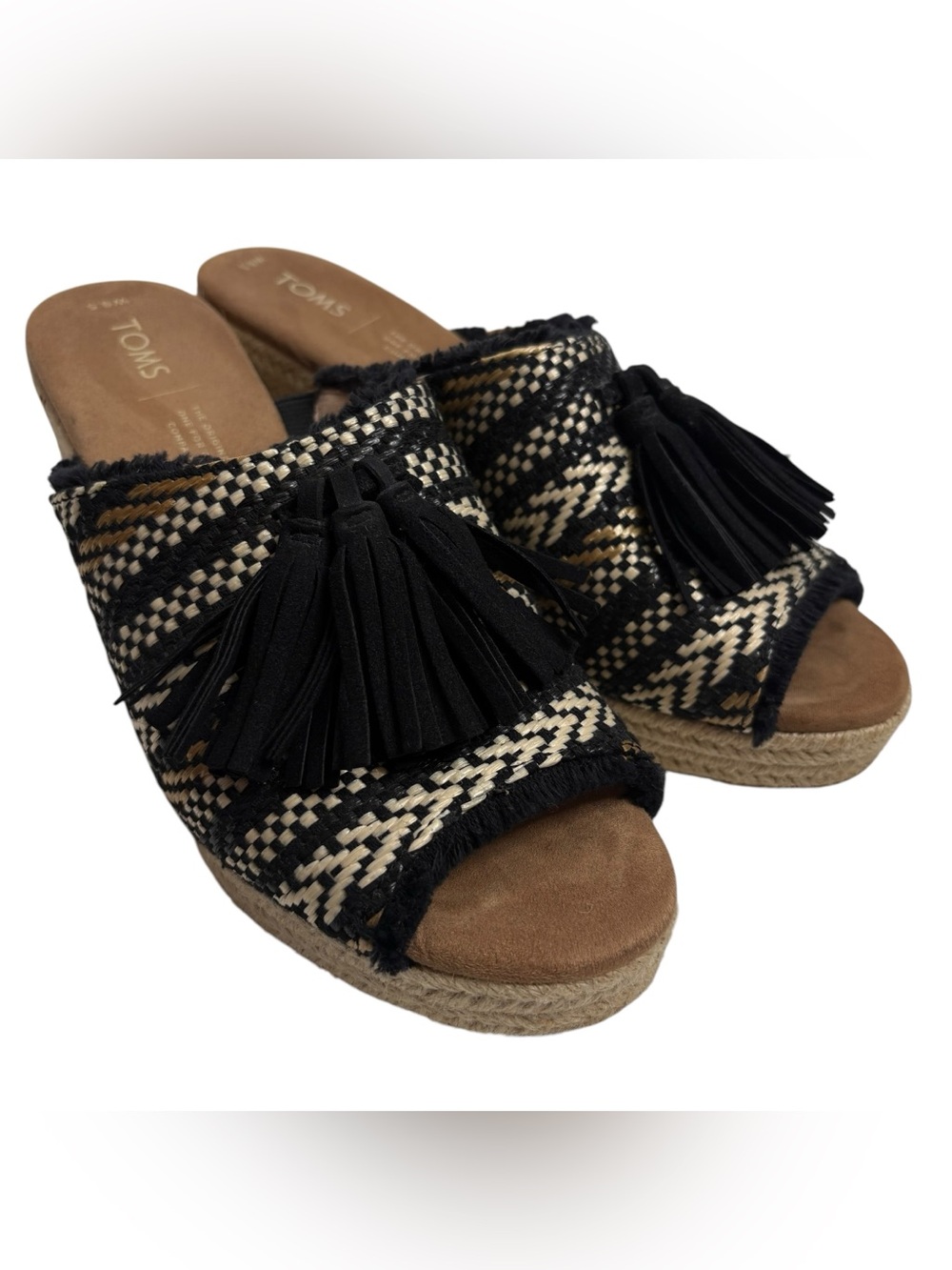 TOMS Black & Natural Woven Tassel Espadrille Platform Rattan Slides $75